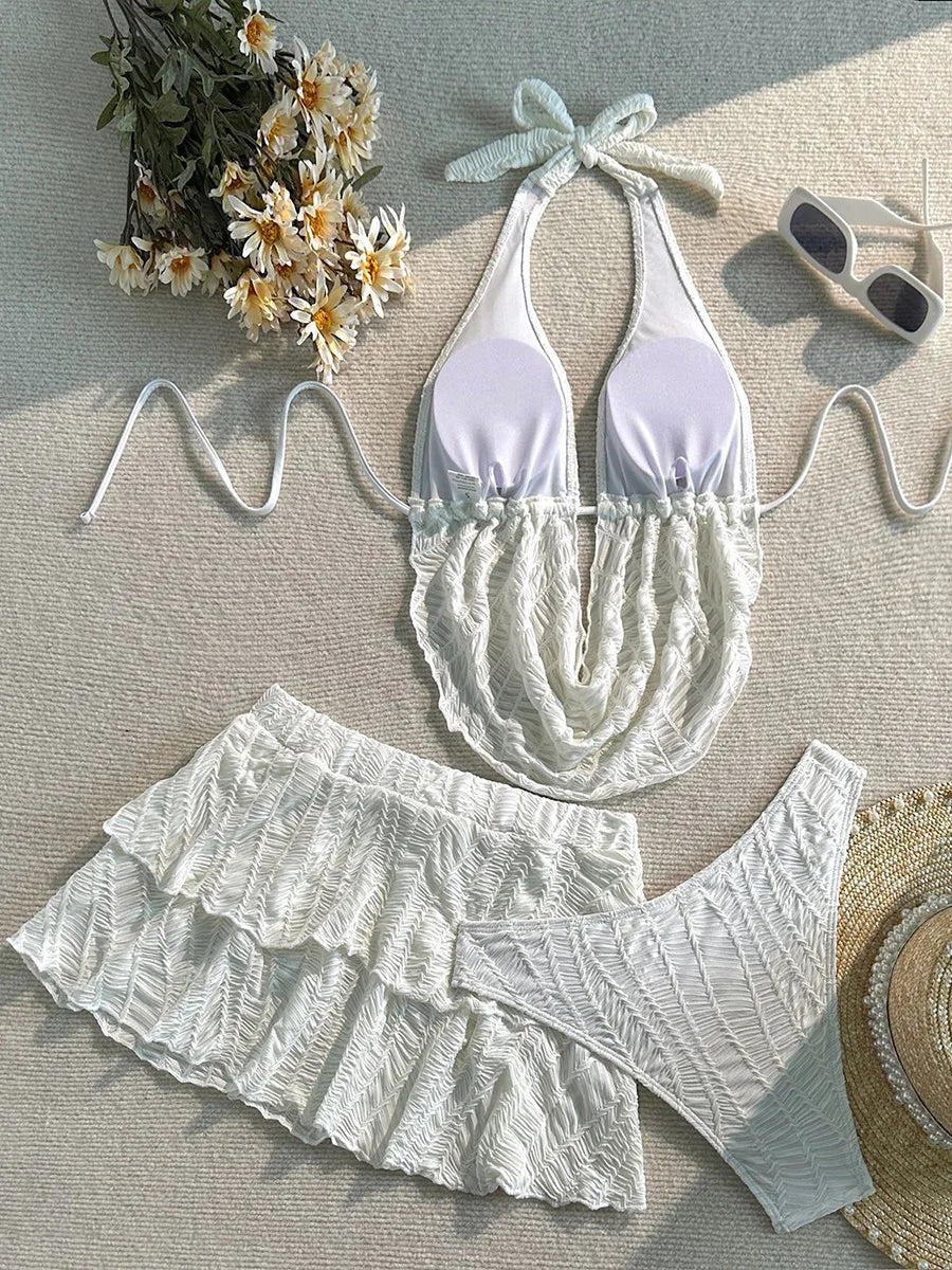 3PC with Skirt Wrinkled Halter Tankini Bikini Women Swimwear Female Swimsuit Three-pieces Bikini Set Bathing Suit Swim Beachwear