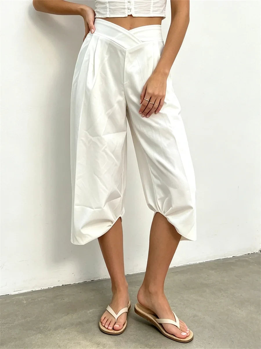 Summer Women Cargo Capri Pants Elastic Waist Cuffs Cropped Trousers with Side Pockets Fashion Casual Loose Fit Pants Streetwear