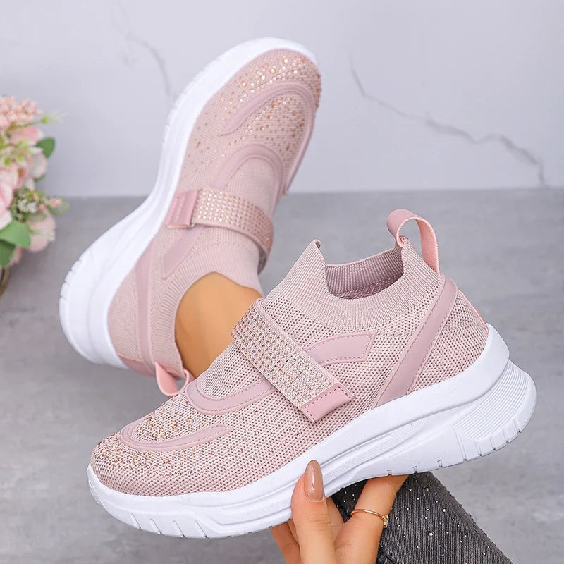 Shiny Crystal White Platform Sneakers Women Comfort Knitted Breathable Walking Shoes Woman Casual Non-Slip Sport Shoes Ladies