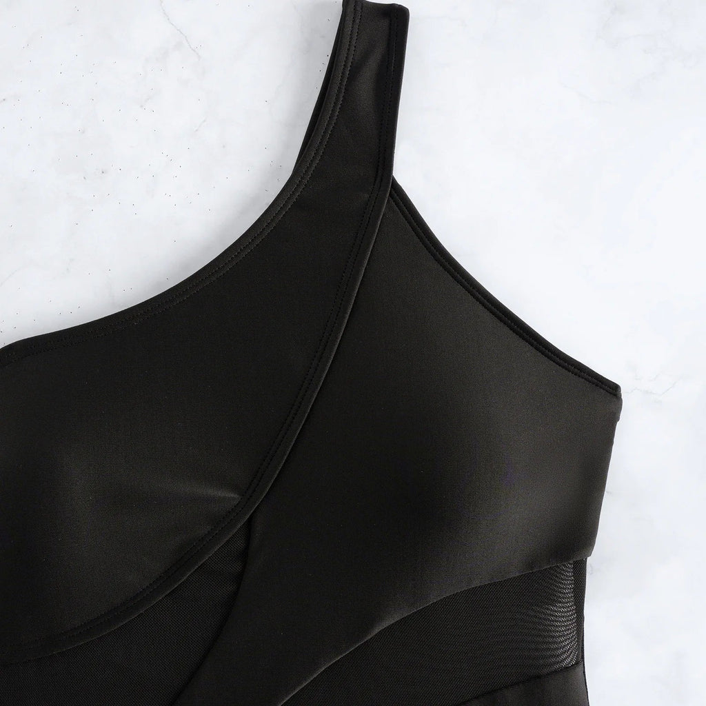 Sexy One Shoulder Swimwear Women 2026 Black Mesh See Through Slim Tummy Control One Piece Swimsuit Beach Holiday Bathing Suits