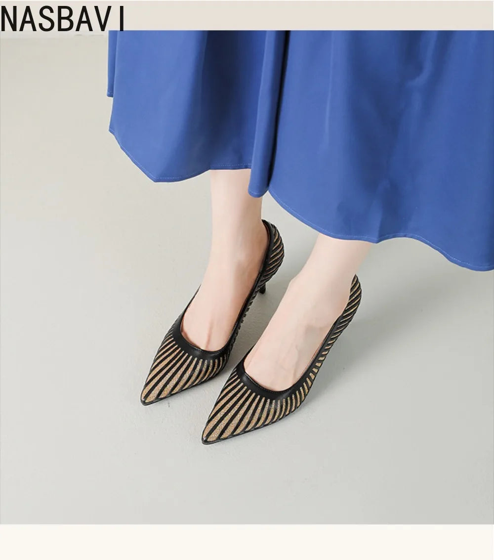 Women 8CM Pointed Toe High Heels Slip on Stiletto Pumps Dress Party OL Office Classic Stripes Single Shoes Gold Silver New 2026