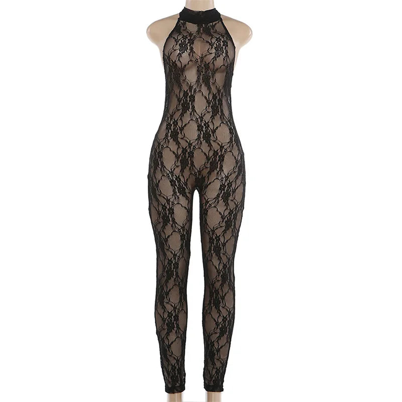 Women Halter Neck Lace Mesh Jumpsuit Sheer See Through Sleeveless Backless Bodycon Romper Y2K Clubwear Party Nightclub Outfit