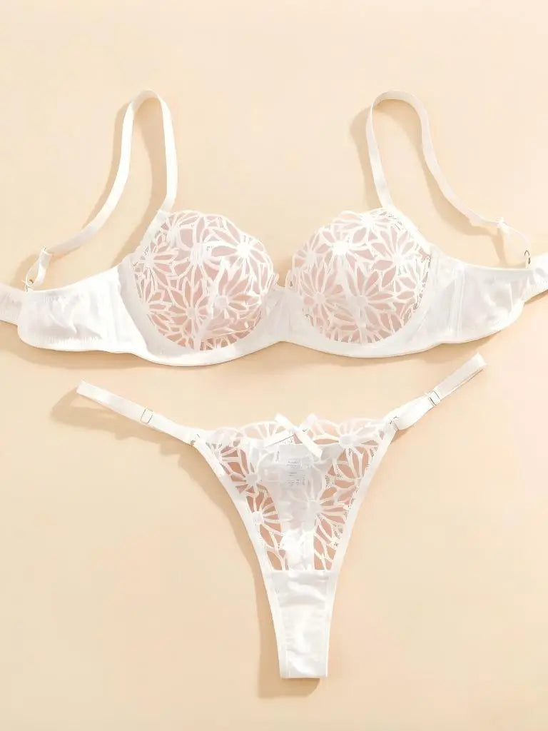Women's White Lace Bra and Thong Set - Sexy Floral Embroidered Underwear, Sheer Mesh, Bridal/Party Wear