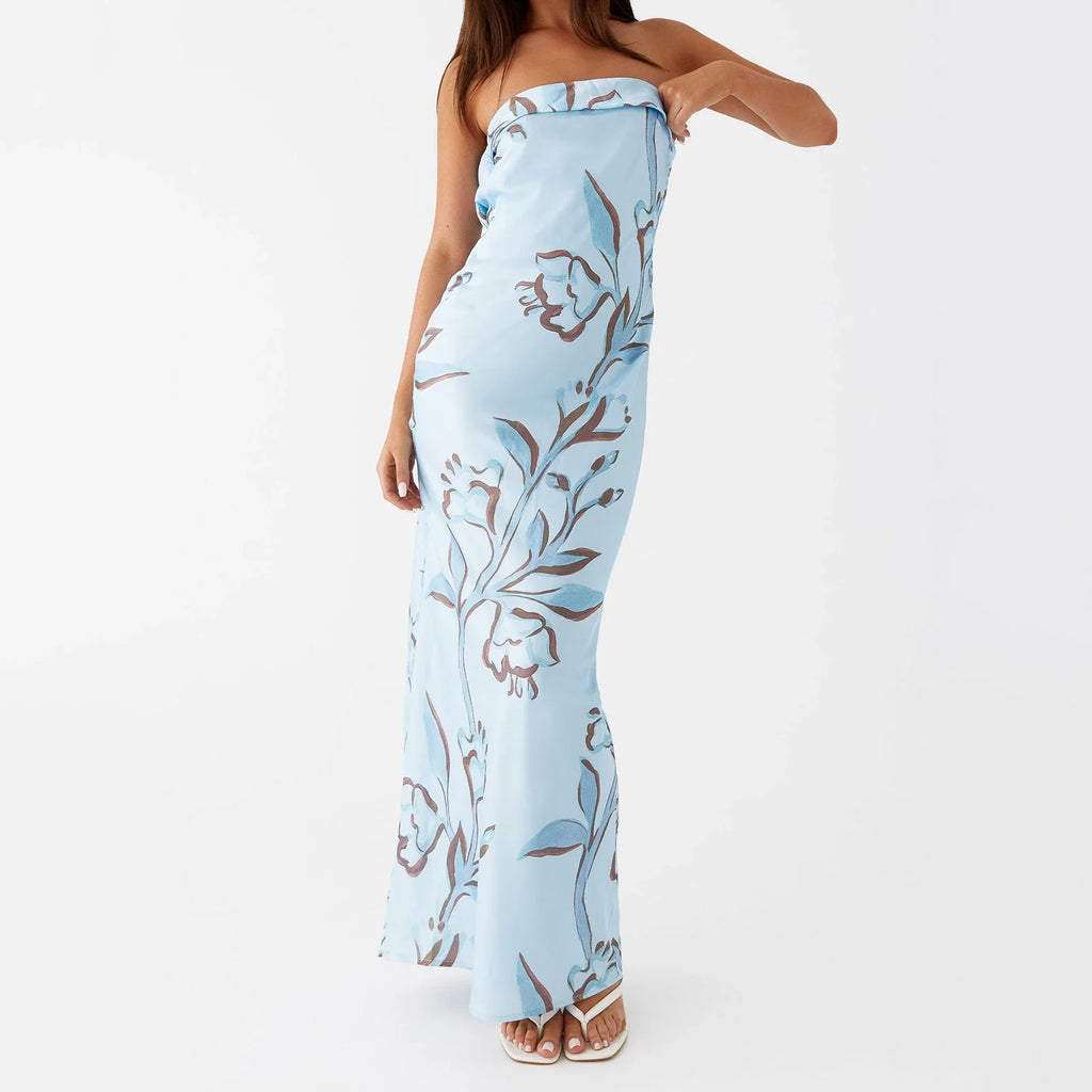 Women's Summer Sleeveless Strapless Long Dress Stylish Floral Print Sleeveless Tube Bodycon Dresses