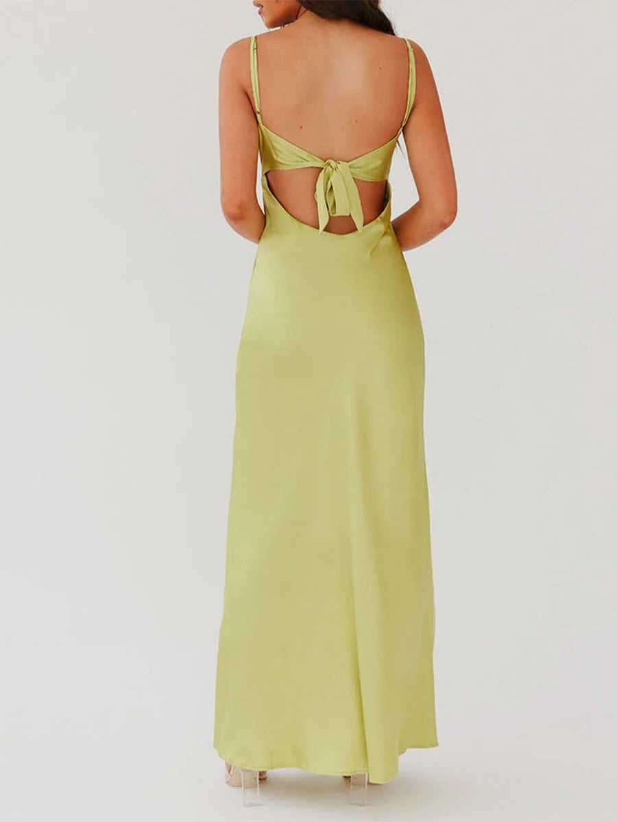 Women Cami Dress Solid Color Sleeveless Tie-Up Front Sleeveless Backless Dress Long Dress Summer Casual Spaghetti Strap Dress
