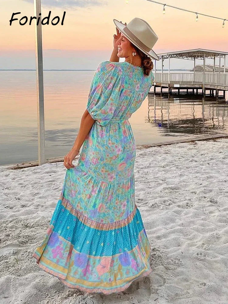 Foridol Single Breasted Bohemian Holiday Summer Women Dress Belt Casual Loose Maxi Floral Dress Short Sleeve Long Viscose Dress
