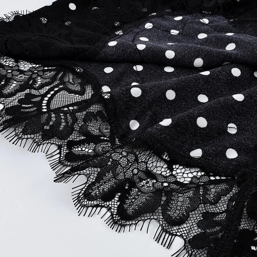 FDYOUI 2026 Woman Clothes Lace Patchwork Polka Dot Skirts Female Sexy Tight Short Skirt Black Party Night Club Dress Streetwear