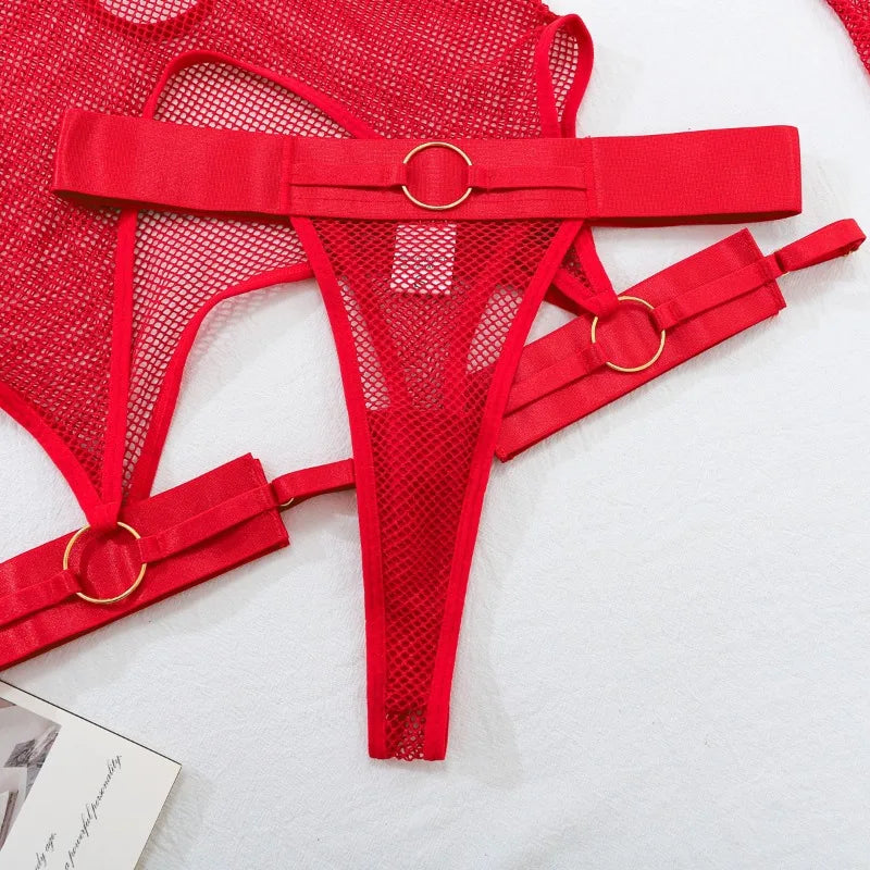 Toucheart Sexy Lingerie Set For Women Hollow Mesh See-through Sexy Temptation Free Underwear Long Sleeves Garters Lingerie Set
