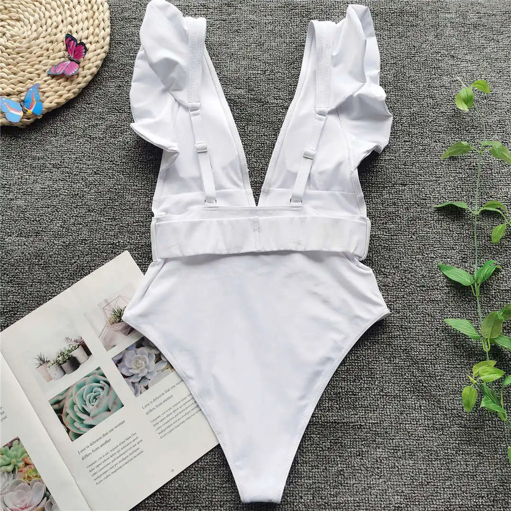 New Sexy Ruffled White Deep V One Piece Swimsuit Women Swimwear Female With Belt Monokini Bather Bathing Suit Swim Lady V2198