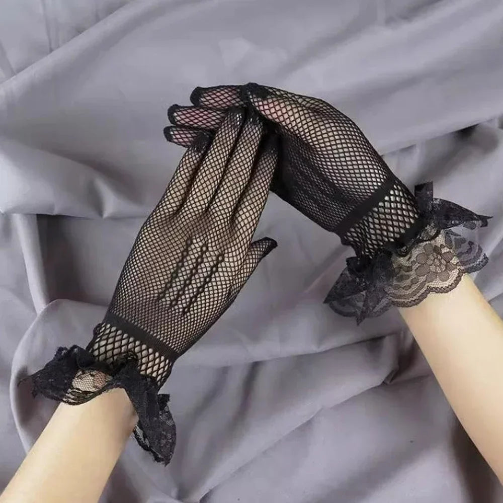 Girls Lolita Lace Hollow Out Gloves Women Ceremony Etiquette Mesh Thin Mittens Gothic Punk Sexy Glove Black White Soft Elastic