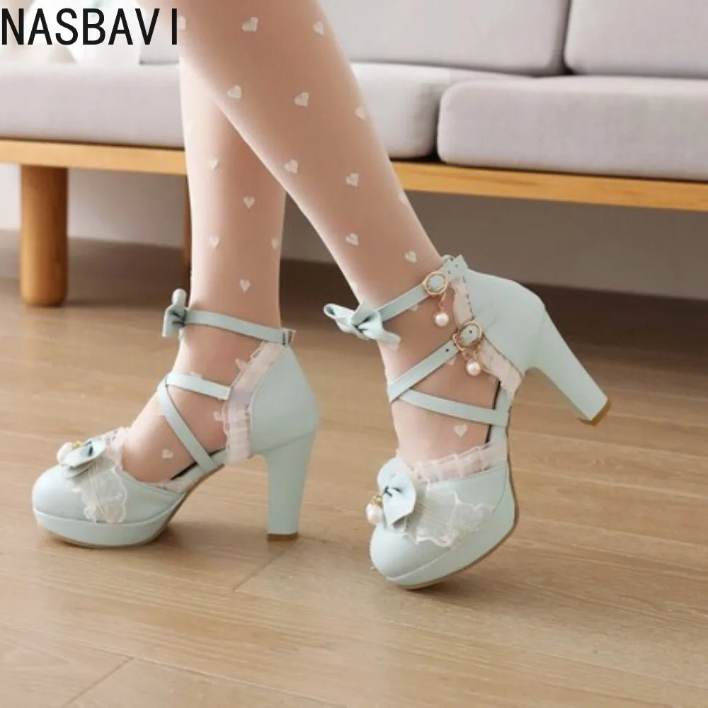 New Lolita Japanese Pearl Bow Sweet Cute Strap 9cm High Heeled Round Head Student Shoes Girls Vintage Sandals Single shoes 33-46