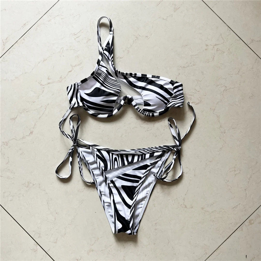 Sexy One Shoulder Underwired V-Bar Bikini Female Swimsuit Women Swimwear Two-pieces Bikini Set Bather Bathing Suit Swim V4229