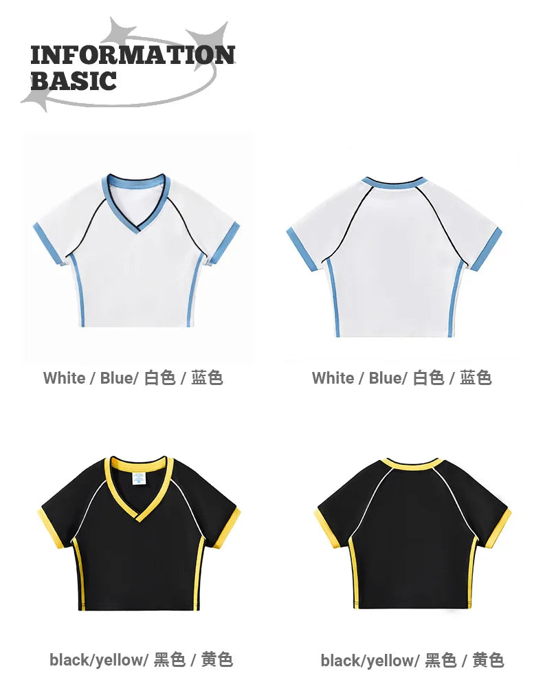 Hot girl top V-neck exposed navel contrasting color splicing clothes women's street short-sleeved T-shirt