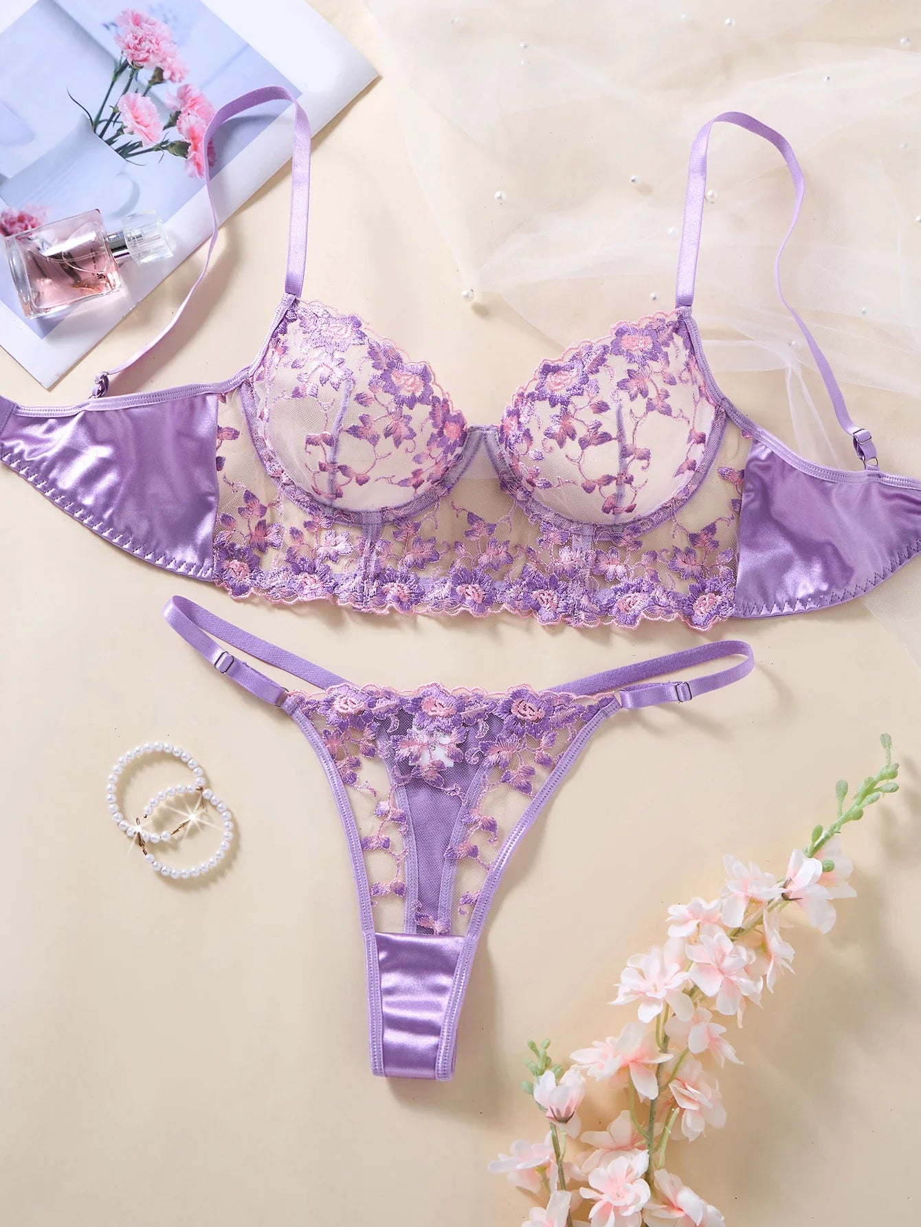 Sheer Floral Embroidery Lingerie Set Satin Trim Push Up Bra+Thong For Women Romantic Date Night/Anniversary Underwear ZA825246