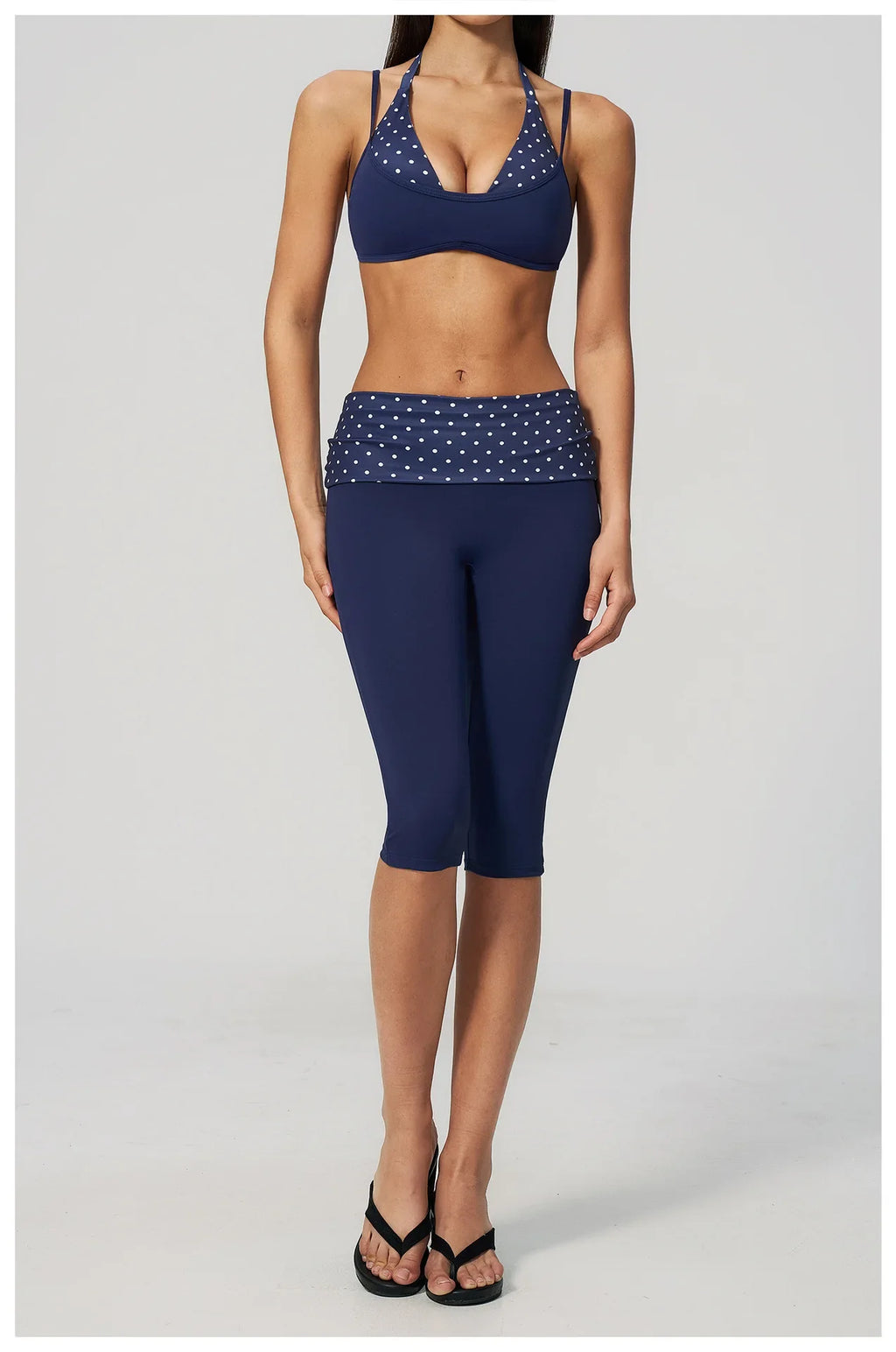 Summer Polka Dot Yoga Sets Women Hanging Neck Shockproof Sports Bra Fitness Suit Folding High Waist Mid Pants Gym Tracksuit