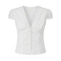 Women's Solid Color Short Sleeve Tops Eyelet V Neck Button Down Slim Fit Shirts Fashion Summer Retro Casual Cropped Blouse