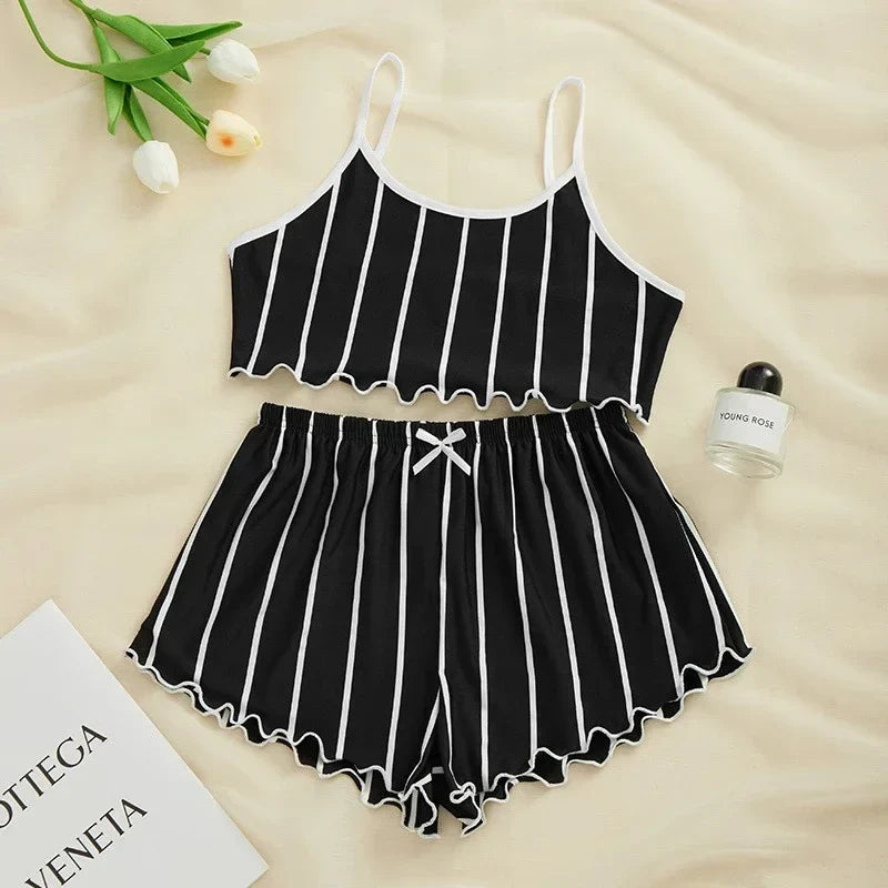 Summer Casual Pajamas Set for Women Sleepwear Sexy Lingerie Sleeveless Striped Tank Top Vest + Shorts Set Pijamas Homewear