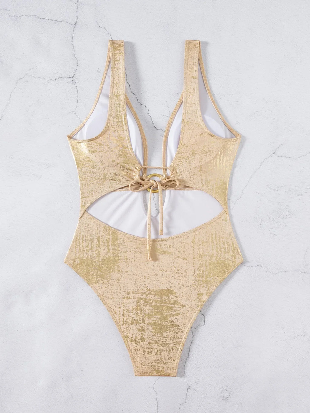 DEKA Gold One Piece Swimsuit with Metal Ring V Neck Swimwear for Women Tummy Control Slimming Halter Bathing Suits Summer Femal