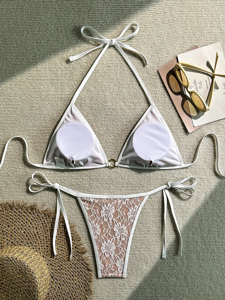 Embroidery Mesh Lace Halter Bikini Female Swimsuit Women Swimwear Two-pieces Bikini Set High Cut Bathing Suit Swim Beach Wear
