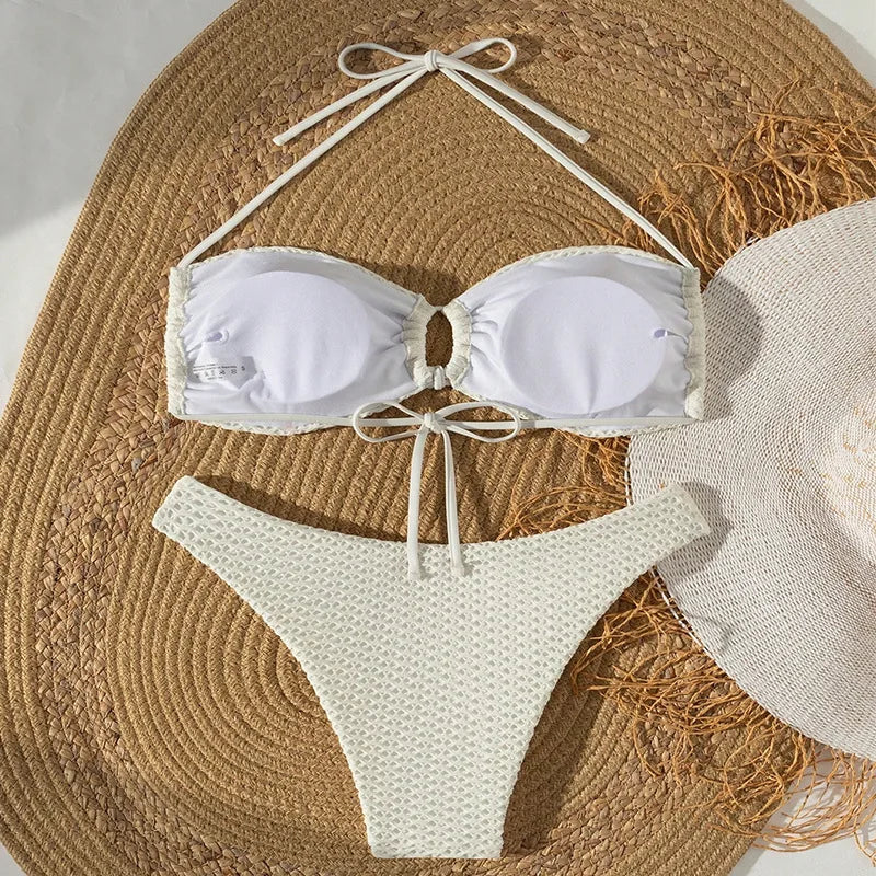 Sexy beige hollow out bow tie bikinis sets two pieces halter backless thong swimsuit Swimwear bathing suit beach outfits biquini