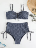 Sexy Drawstring Side High Waist Bikini Set 2025 Women Solid White Hole Out Push Up Swimsuit Beach Bathing Suit Holiday Swimwear