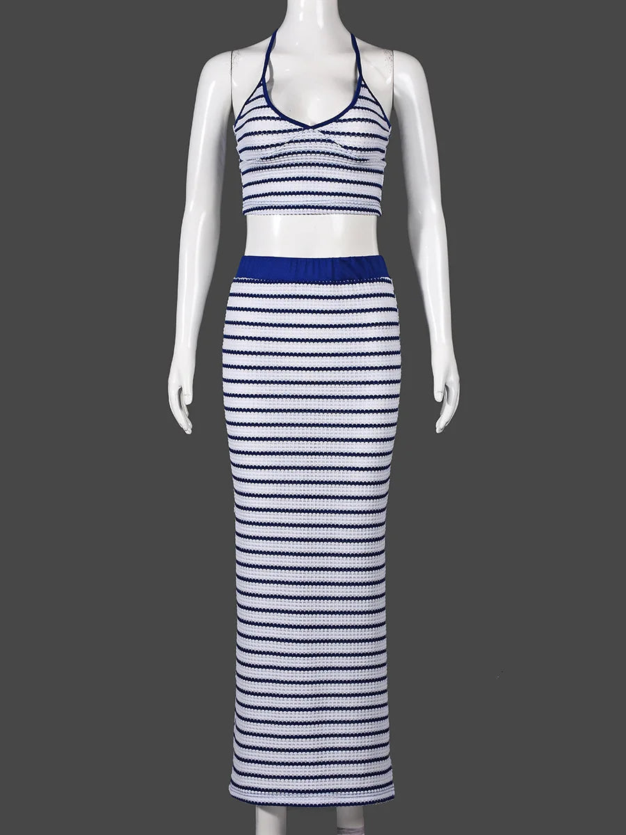 Summer slim temperament hot girl striped halterneck backless skirt suit vest casual suit