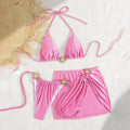 2026 Summer Women's 3Pcs Bikini Set Solid Color Halter Bra and Thong with Cover-ups Skirts Bathing Suits