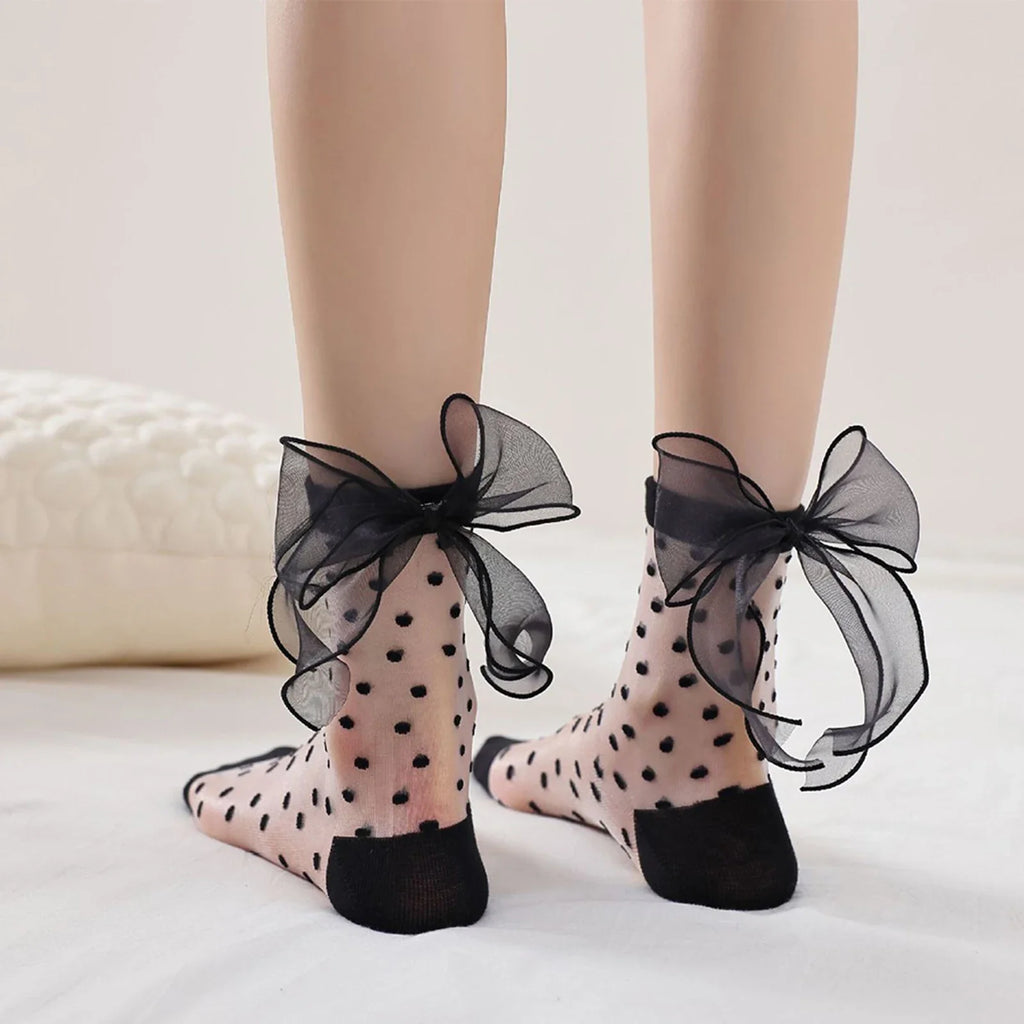 Womens Mesh Sheer Socks Breathable Decorative Bow Dots Design Casual Mid Calf Socks for Summer