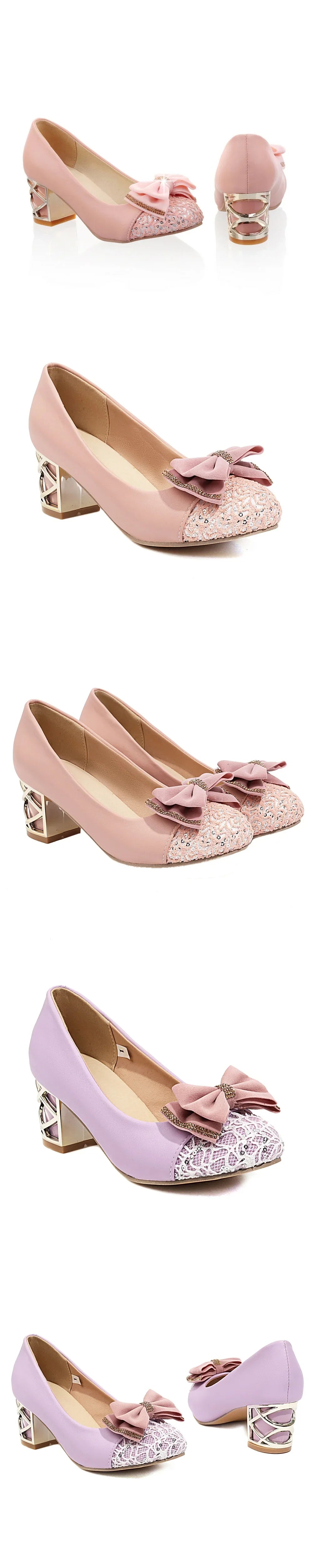 2026 Big Size 43 Sweet Pink Purple Bow Tie Office Lady Pumps Summer Elegant Beige 5cm Square Heels Party Wedding Shoes Women