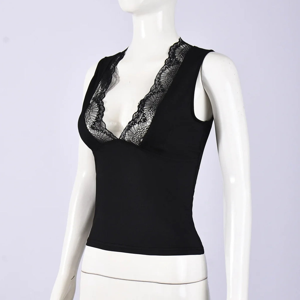 2026 Spring Summer New Arrival Elegant Sleeveless Women's Short Top Chic Fitted Lace-Panel Deep V-Neck Crop Tank Top Commute