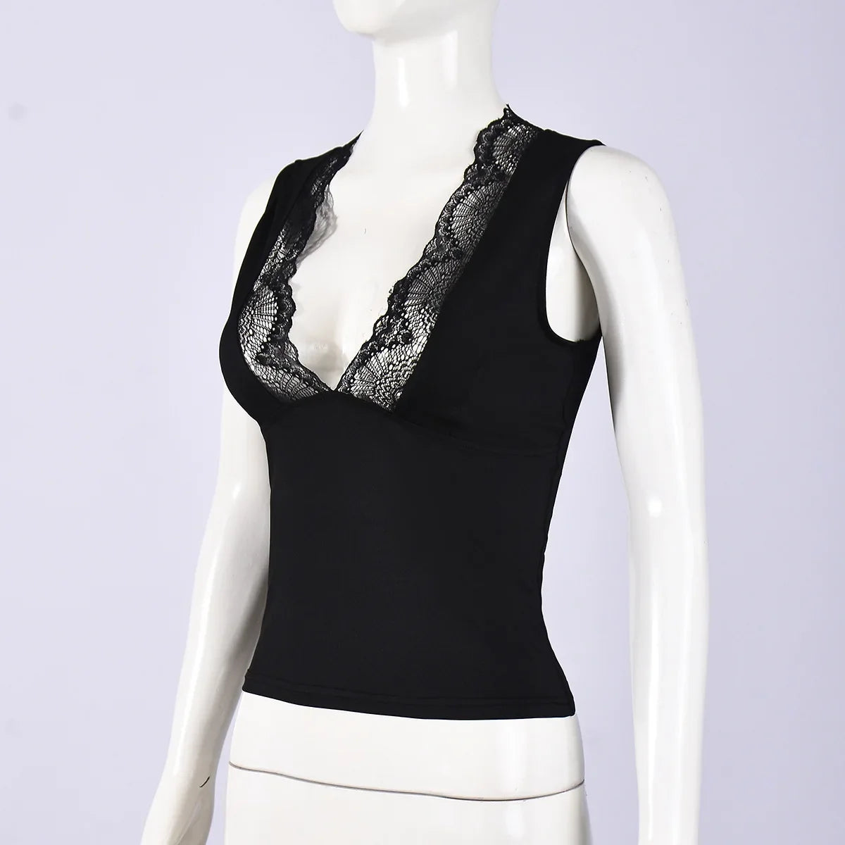 2026 Spring Summer New Arrival Elegant Sleeveless Women's Short Top Chic Fitted Lace-Panel Deep V-Neck Crop Tank Top Commute