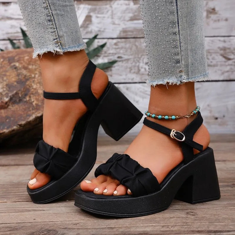 2026Sandals Comfort Shoes for Women Buckle Strap Suit Female Beige High Heels Square Toe Large Size New Fashion Black High-heel