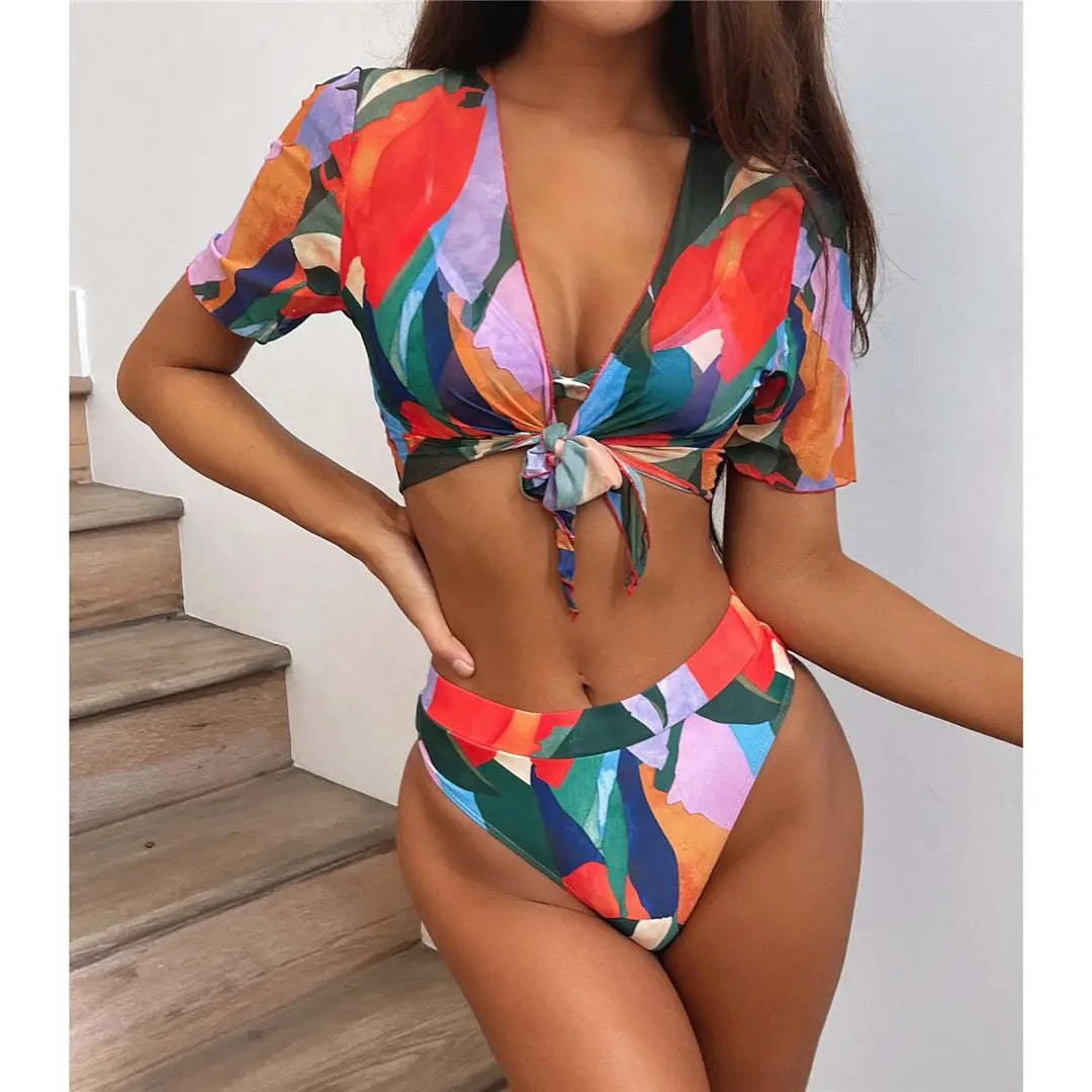 S - XXL Colorful Print High Waist Bikini Female Swimsuit Women Swimwear Three-Pieces Bikini Set Bather Bathing Suit Swim V2805