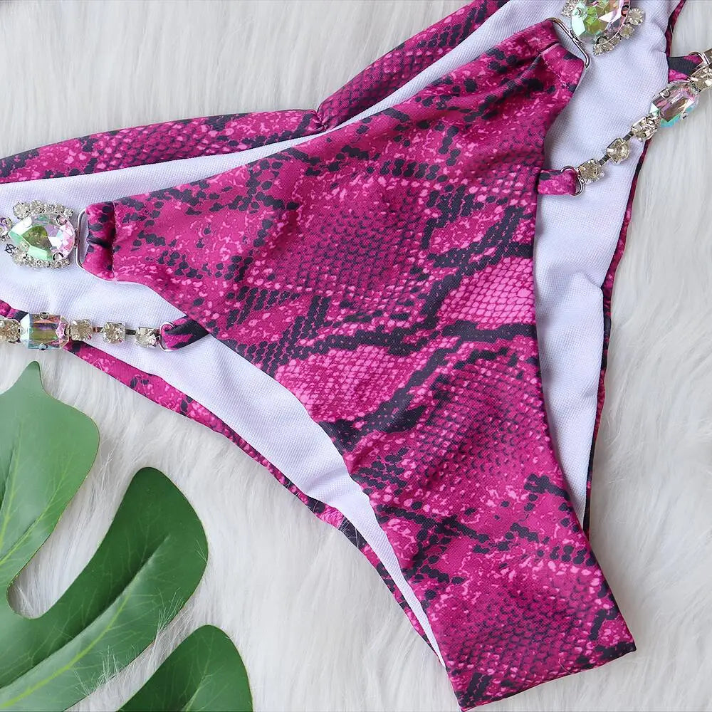 Snake Printed Halter Rhinestone Diamond Bikini Women Swimwear Female Swimsuit Two-pieces Bikini Set Brazilian Bathing Suit Swim