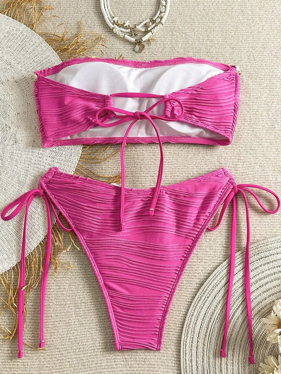 XS - XL Bandeau Wrinkled High Cut Bikini Women Swimwear Female Swimsuit Two-pieces Bikini Set Shells Bather Bathing Suit Swim