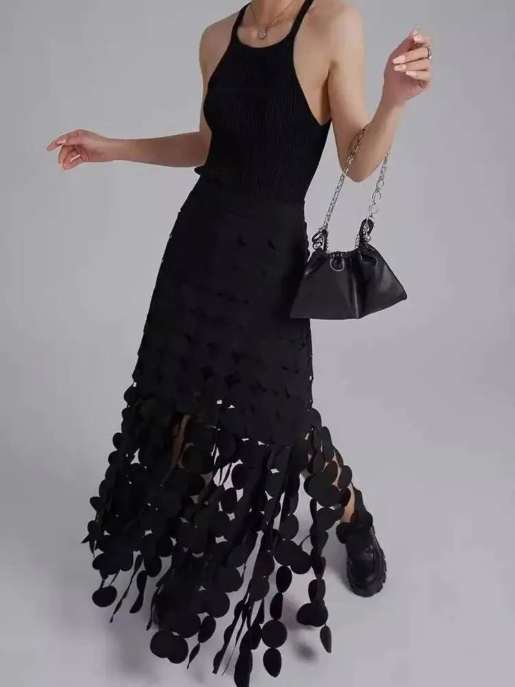 Dot Solid Minimalist Casual Skirt For Women High Waist Patchwork Zipper Irregular Hollow Out Skirts Female Fashion New OPM8