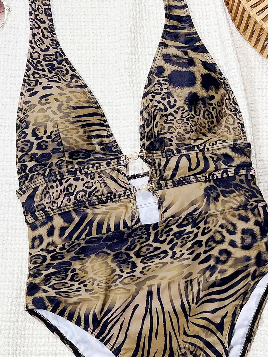Tiger Printed Halter Deep V Neck One Piece Swimsuit Women Swimwear Female Backless Monokini High Cut Bathing Suit Swim Bodysuit