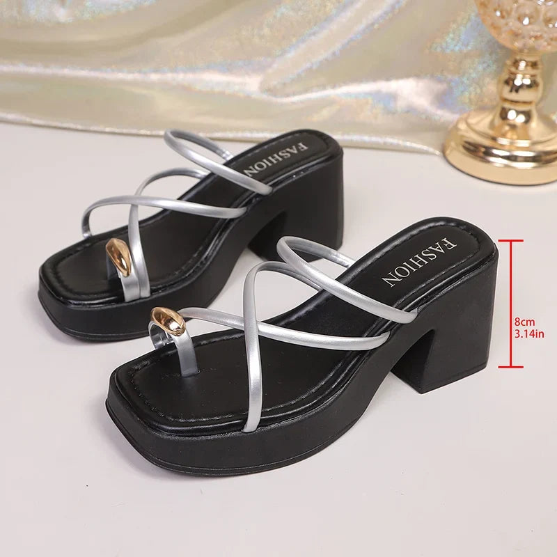 Fashion Clip Toe Chunky Heel Sandals Women 2026 Summer Platform High Heels Slippers Woman Plus Size 42 Cross Strap Sandles Mujer