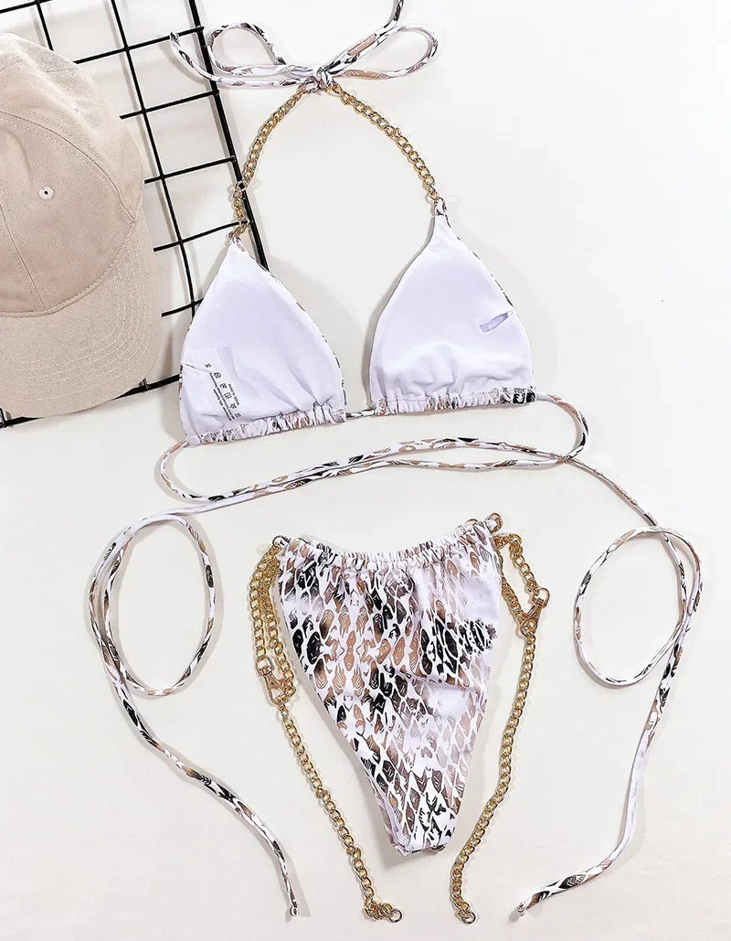 Snake Skin Wrap Around Metal Chains Halter Bikini Women Swimwear Female Swimsuit Two-pieces Bikini set Micro Bathing Suit Swim
