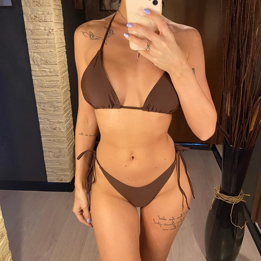 7 Colors Brazilian Halter Bikini Female Swimsuit Women Swimwear Two-Pieces Bikini Set Padded Bather Bathing Suit Swim V3536A