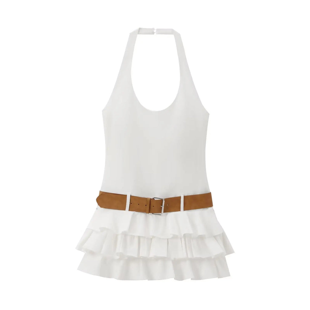 Halter Backless White Summer Women's Dress Sleeveless Beach Boho Short Mini Tierred Dresses with Shorts New Dress with Belt