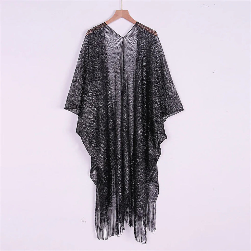 Sexy Fringe Tassel Mesh Sheer Shiny Knitted Tunic Beach Cover Up Cover-ups Beach Dress Beach Wear Beachwear Female Women V3321