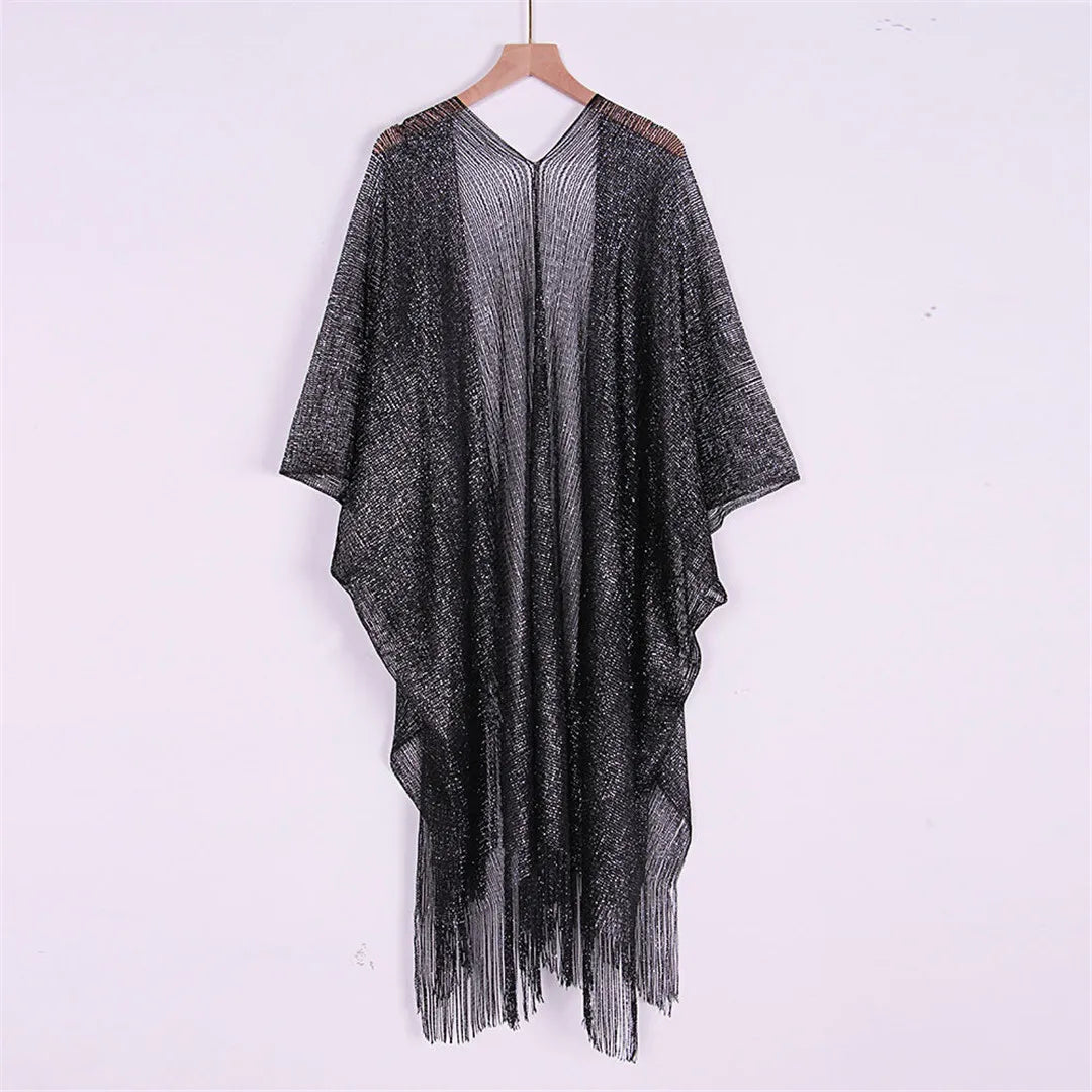 Sexy Fringe Tassel Mesh Sheer Shiny Knitted Tunic Beach Cover Up Cover-ups Beach Dress Beach Wear Beachwear Female Women V3321