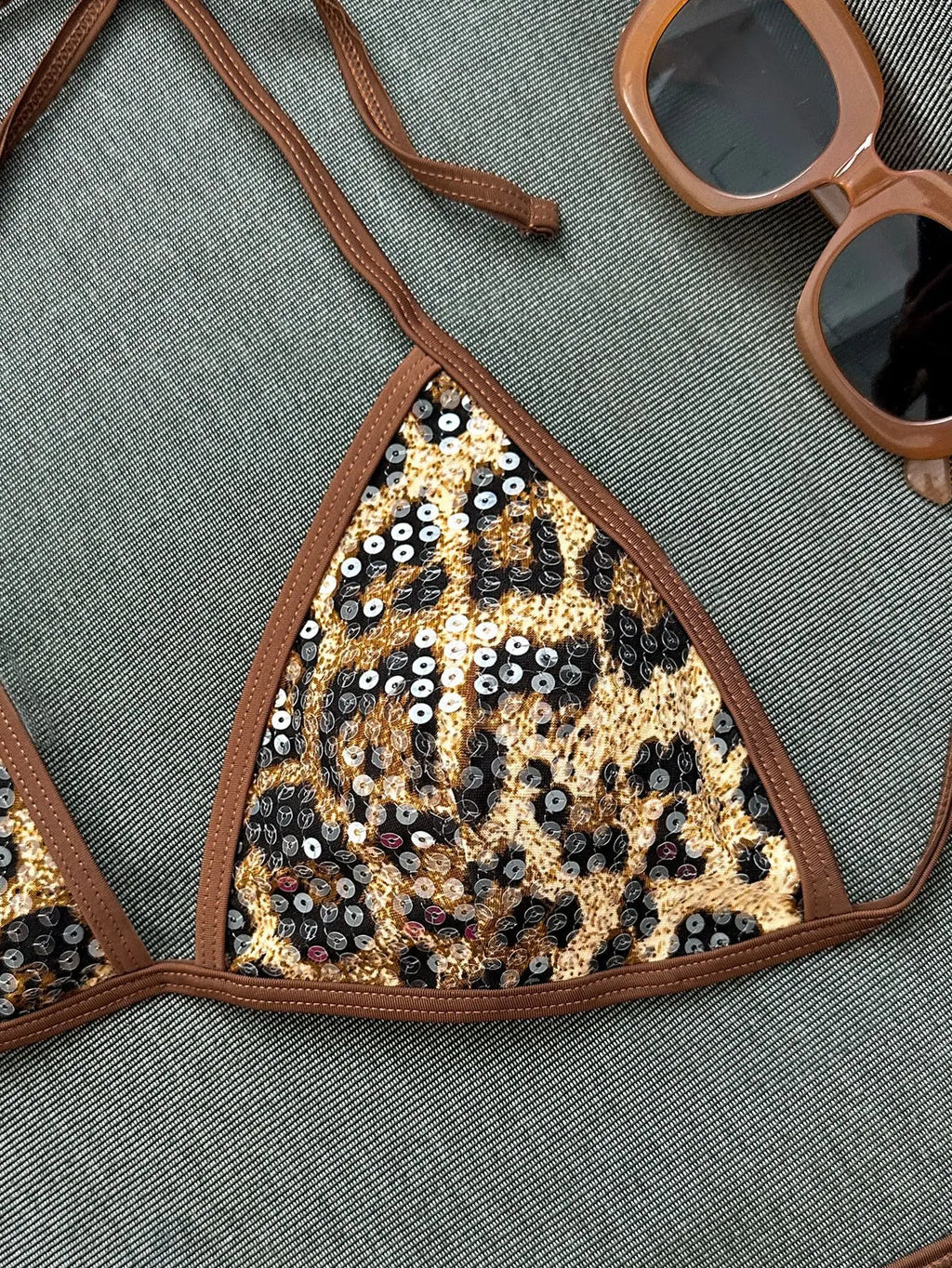 Sexy Sequin Coffee Leopard Print Bikini Set 2026 Women Push Up Bra High Wiast Short 3 Piece Swimsuit Beach Bathing Suit Swimwear