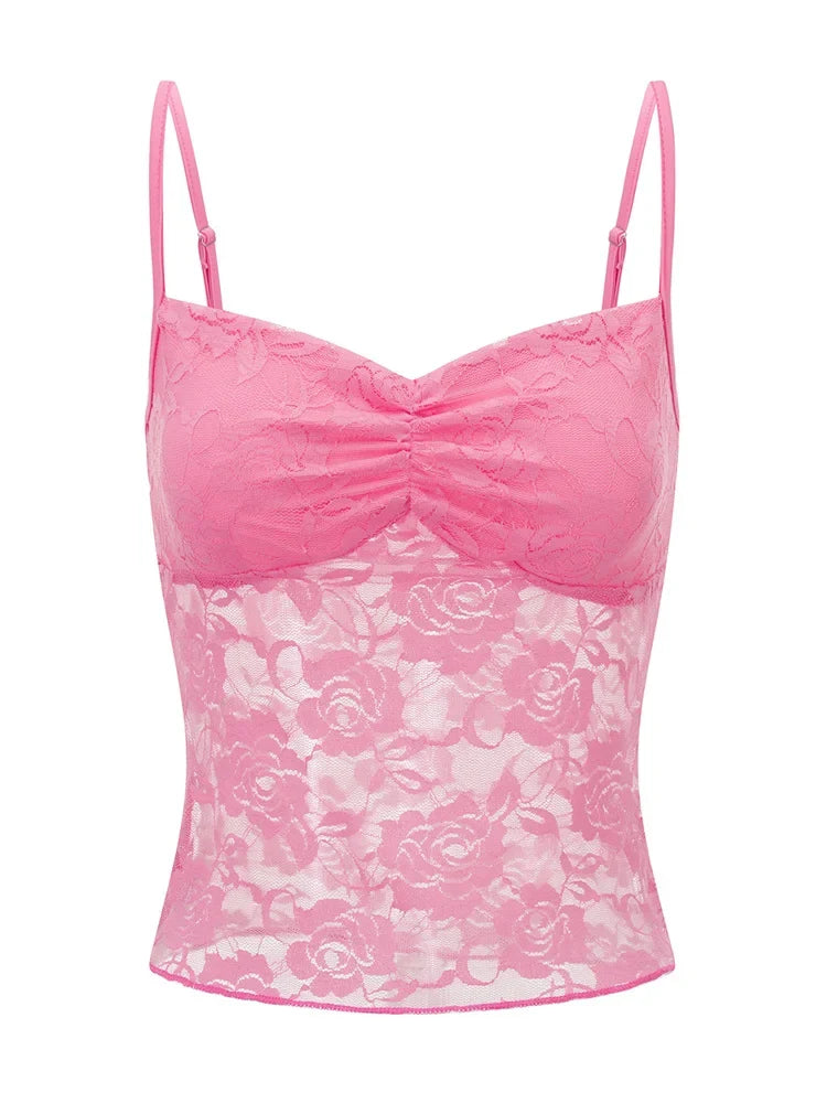 Women's Lace Cami Tops Sleeveless Ruched Front Solid Color Camisole Slim Fit Tank Tops Summer