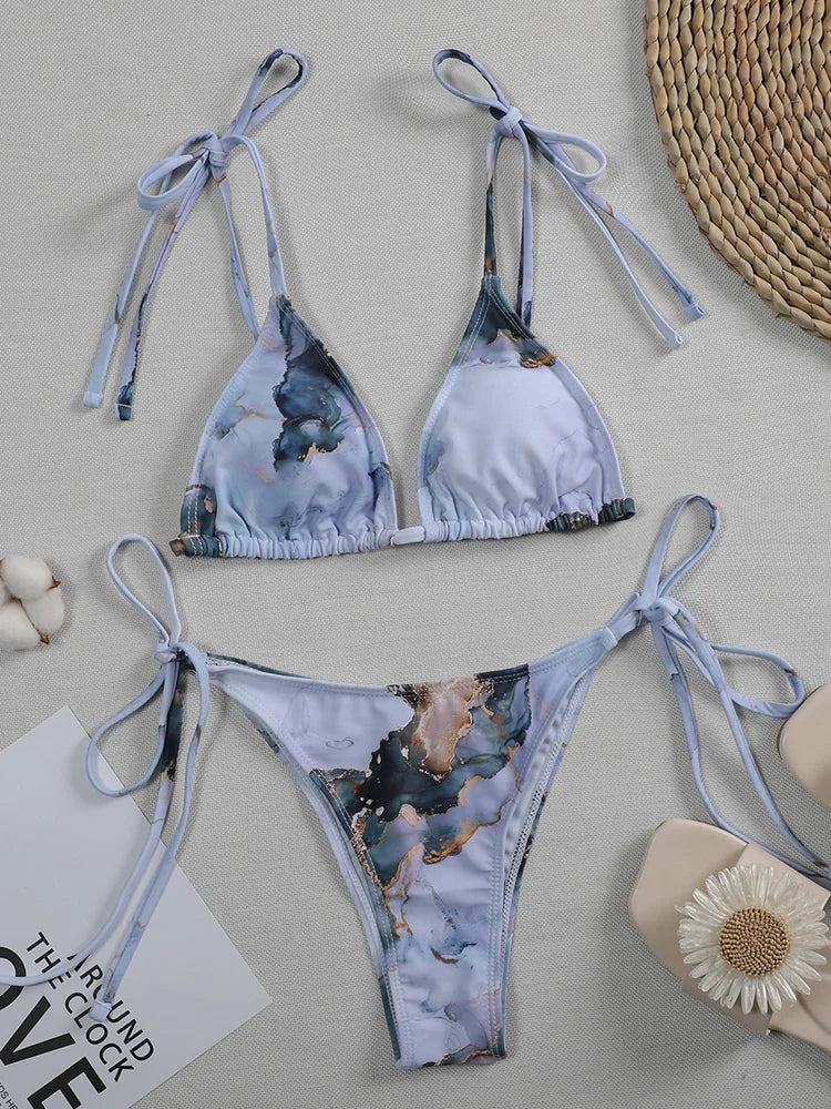 2026 Marble Printed Micro String Bikini Women Swimsuit Female Swimwear Two Pieces Bikini Set Tie Side Bather Bathing Suit Swim