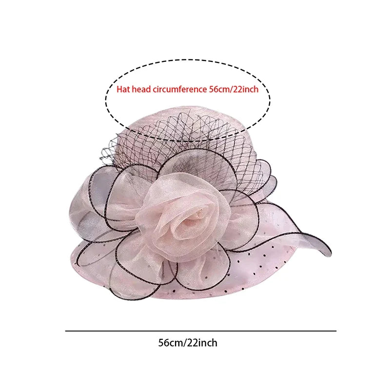 Women's Organza Flower Sun Hat Wide Brim Bucket Cap Wedding Church Dress Hat Fascinator Bridal Tea Party Hat