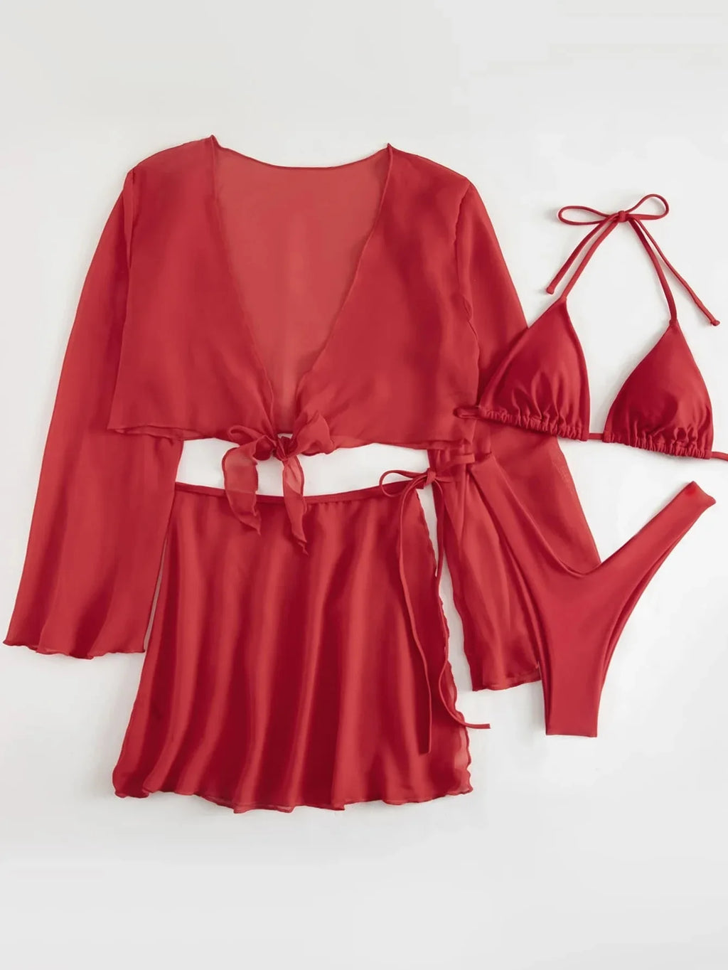 4PCS with Mesh Sarong Cover Up Long Sleeve Bikini Female Swimsuit Women Swimwear Four-pieces Bikini Bathing Suit Swim Beachwear