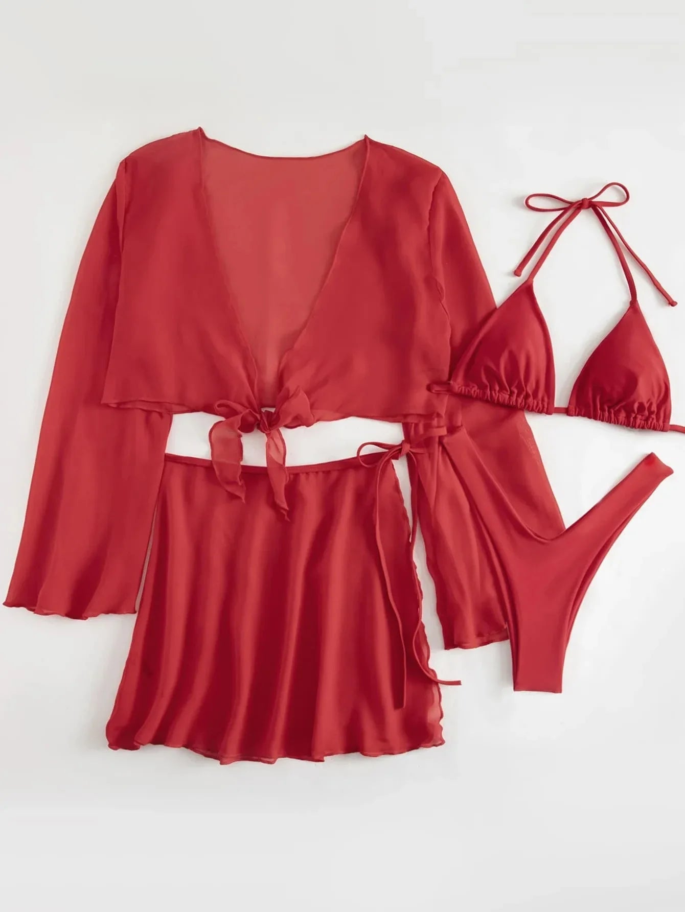 4PCS with Mesh Sarong Cover Up Long Sleeve Bikini Female Swimsuit Women Swimwear Four-pieces Bikini Bathing Suit Swim Beachwear