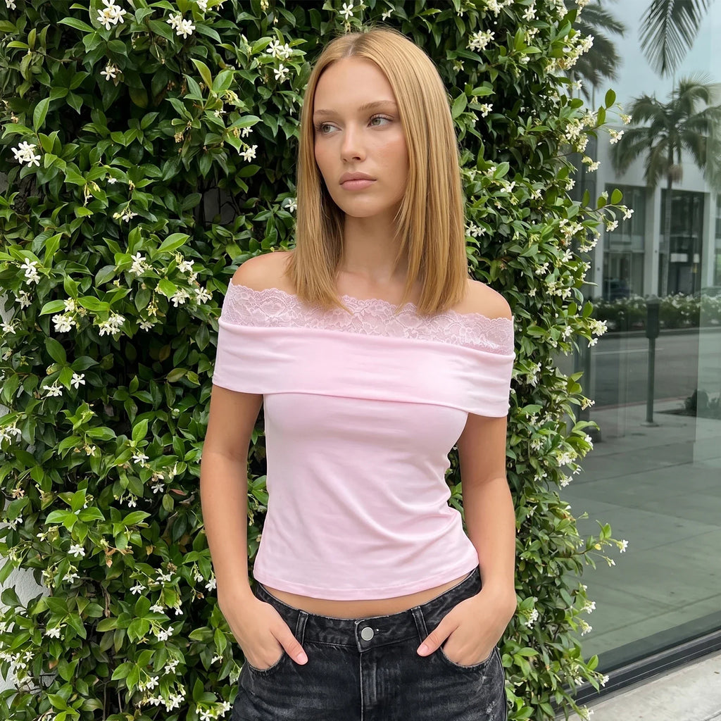 Women Summer Solid Color Off the Shoulder Crop Tops Lace Trim Slim Fit Boat Neck T-shirts